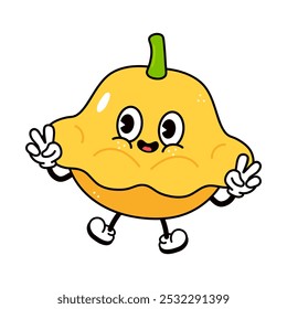 Cute jumping Yellow squash character character. Vector hand drawn traditional cartoon vintage retro kawaii character illustration icon. Isolated white background. Yellow squash character jump