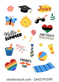 Cute June clipart, sticker set. Vector illustration collection of summer themed elements sun, butterfly, beach objects, flowers. Monthly clip art, stickers for planners, summertime designs. US Letter