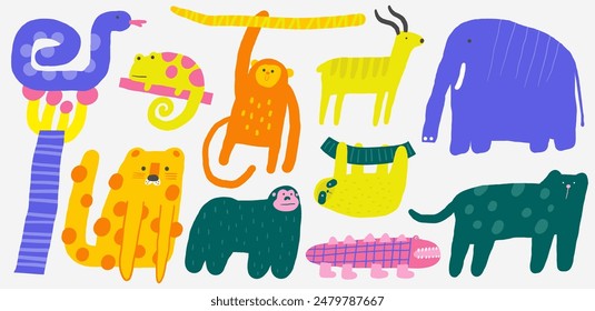 Cute jungle africa funny hand drawn doodle animals set elephant, panther, leopard, snake, monkey, gorilla, chameleon, sloth, antelope, crocodile. Cartoon style safari nature creatures set