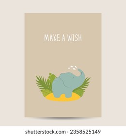 Cute jungle animal elephant sit under a palm leaf. Make a wish. Happy birthday, invitation, celebration.Vector cartoon character illustration. For print, poster, calendar, decoration, textile, card