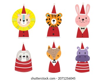 Cute Jungle animal faces in christmas day,Cute Jungle animal faces,Cute animal faces,Hand drawn doodle characters,Vector illustration,