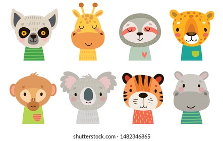 Cute Jungle animal faces. Hand drawn characters. Sweet funny animals. Vector illustration.