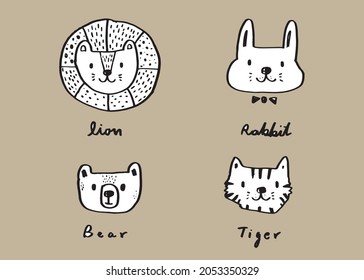 Cute Jungle animal faces,Cute animal faces,Hand drawn doodle characters,Vector illustration, lion,rabbit,bear,tiger