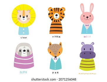 Cute Jungle animal faces,Cute animal faces,Hand drawn doodle characters,Vector illustration.
