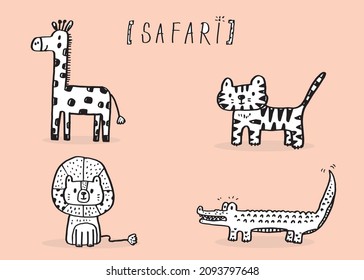 Cute Jungle animal faces,Cute animal faces,Hand drawn doodle characters,Vector illustration, safari animal, lion ,tiger, giraffe ,crocodile,Cute animal
