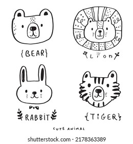 Cute Jungle animal faces,Cute animal faces,Hand drawn doodle characters,Vector illustration.