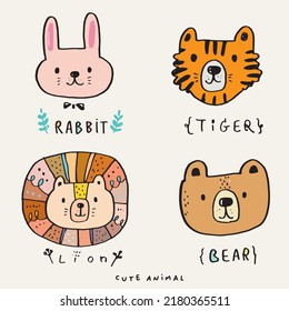 Cute Jungle animal faces,Cute animal faces,Hand drawn doodle characters,Vector illustration.