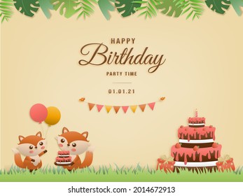 Cute jungle animal lawn birthday greeting card. jungle animals celebrate children's birthday and template invitation paper and papercraft style vector illustration.Theme happy birthday.