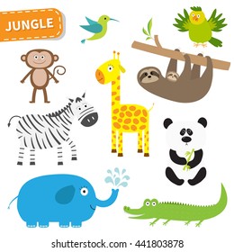 Cute jungle animal set. Cute cartoon character. Colibri, parrot, monkey, alligator, giraffe, sloth , zebra panda elephant Baby collection White background. Isolated Flat design Vector illustration