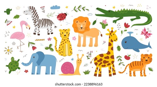 Cute jungle animal silhouettes, floral elements. Zebra, snail and turtle, tiger baby, lion and giraffe, wild african zoo, safari collection. Childish decor. Vector cartoon utter illustration