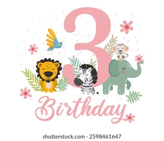 Cute Jungle Animals 3rd Birthday Clipart. Vector illistration.