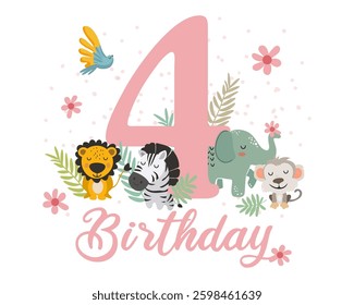 Cute Jungle Animals 4th Birthday Clipart. Vector illistration.