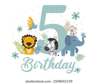 Cute Jungle Animals 5th Birthday Clipart. Vector illistration.