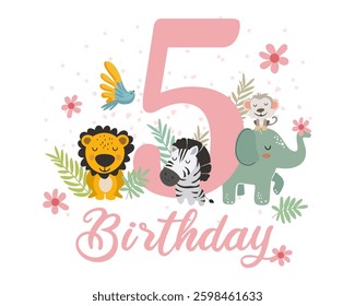 Cute Jungle Animals 5th Birthday Clipart. Vector illistration.