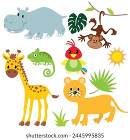 Cute jungle animals bundle vector cartoon illustration