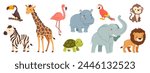 Cute jungle animals. Cartoon African wild mammals. Funny lion, zebra, happy elephant, monkey, nice hippo, toucan and parrot birds. Kids safari animal. Vector set. Flamingo, turtle characters