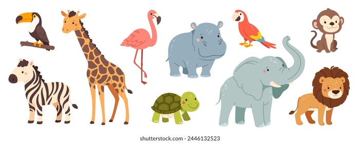 Lindos animales de la selva. Caricatura de mamíferos salvajes africanos. Divertido león, cebra, elefante feliz, mono, bonito hipopótamo, tucán y aves loro. Animales de safari para niños. Juego de Vectores. Flamingo, personajes de tortuga