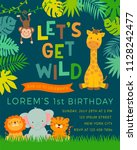 Cute jungle animals cartoon illustration for party invitation card template
