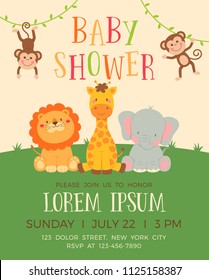 Cute jungle animals cartoon illustration for baby shower invitation card template