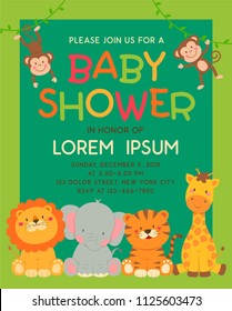 Cute jungle animals cartoon illustration for baby shower invitation card template