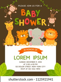 Cute Jungle Animals Cartoon Illustration For Baby Shower Invitation Card Template
