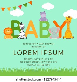 Cute jungle animals cartoon illustration for baby shower invitation card template