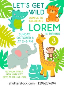 Cute jungle animals cartoon illustration for party invitation card template
