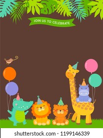 Cute jungle animals cartoon illustration with copy space for kids party invitation card template