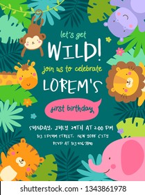 Cute Jungle Animals Cartoon Illustration For Kids Party Invitation Card Template.