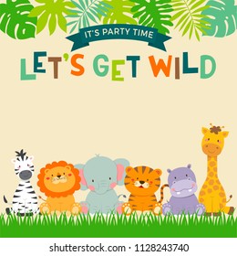 Cute jungle animals cartoon with leaf border for party invitation card template
