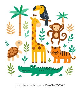Cute jungle animals cartoon set. Giraffe, monkey, tiger, crocodile, toucan, turtle, and tropical leaves in flat vector style. Fun wild animal illustration for kids and nursery decor. EPS 10