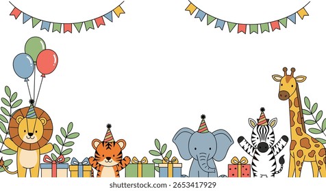 Cute jungle animals celebrate birthday party with balloons presents and decorations