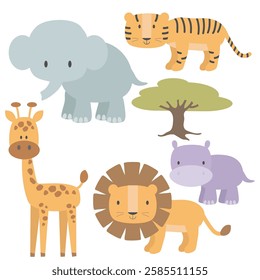 Cute jungle  animals collection vector cartoon illustration