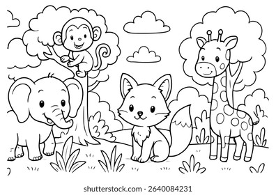 Cute jungle animals coloring page featuring an elephant, monkey, fox, and giraffe in a forest setting. Perfect for kids coloring books and educational materials.