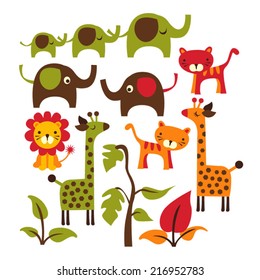 Cute jungle animals. Elephants, giraffes, tigers, and a lion.