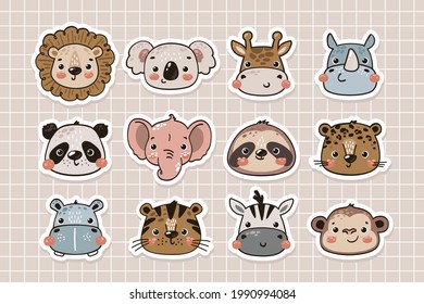 Cute jungle animals faces. Stickers collection in hand drawn style