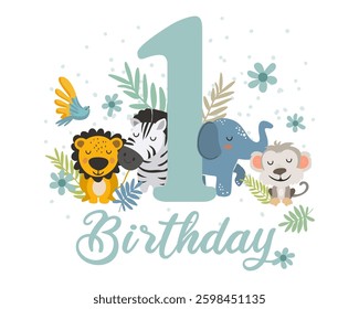 Cute Jungle Animals First Birthday Clipart. Vector illistration.
