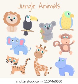 Cute jungle animals. Flat design.