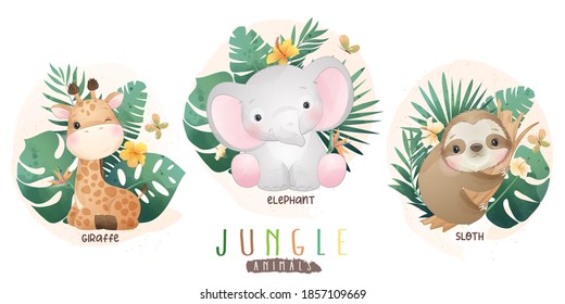 Cute jungle animals and floral collection