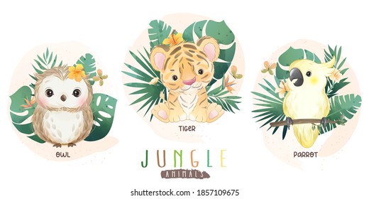 Cute jungle animals with floral collection