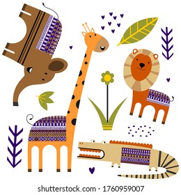 Cute jungle animals with flower, palm leaf, plants graphic element. Tropical animals. Perfect for decorative, kid product, fashion, fabric, wallpaper and all print. Vector illustration