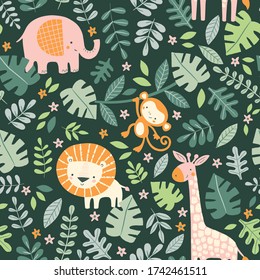 Cute jungle animals and leaves seamless pattern. Summer children vector background illustration. Tropical rainforest foliage. 