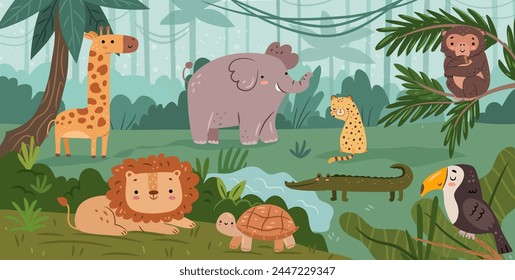 Cute jungle animals in natural habitat, reserve or zoo park. Vector rainforest with elephant and giraffe, lion and turtle, leopard and toucan, monkey and alligator. Tropical forest with lianas