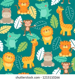 Cute Jungle Animals With Palm Leaf Seamless Pattern Background