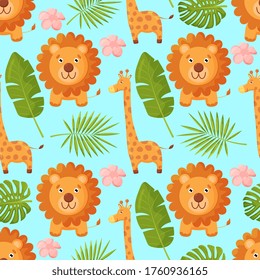 Cute jungle animals with palm leaf seamless pattern background. Pattern with giraffe and lion. Vector illustration