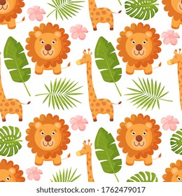Cute jungle animals with palm leaf seamless pattern background. Pattern with giraffe and lion. Vector illustration