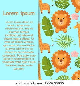 Cute jungle animals with palm leaf seamless pattern background. Pattern with giraffe and lion. Vector illustration