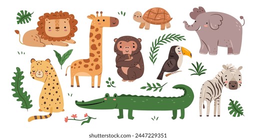 Cute jungle animals and personages from woods and savannah with tropical leaves plants. Vector isolated toucan, lion and elephant, giraffe and crocodile, leopard and zebra, turtle and monkey