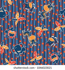 Cute jungle animals seamless pattern, abstract vector print for children wear in custom colors for shirt, pajamas, fabric, wallpaper ecc
