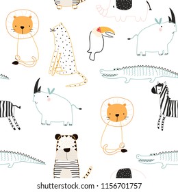 Cute jungle animals seamless pattern. Vector hand drawn illustration.